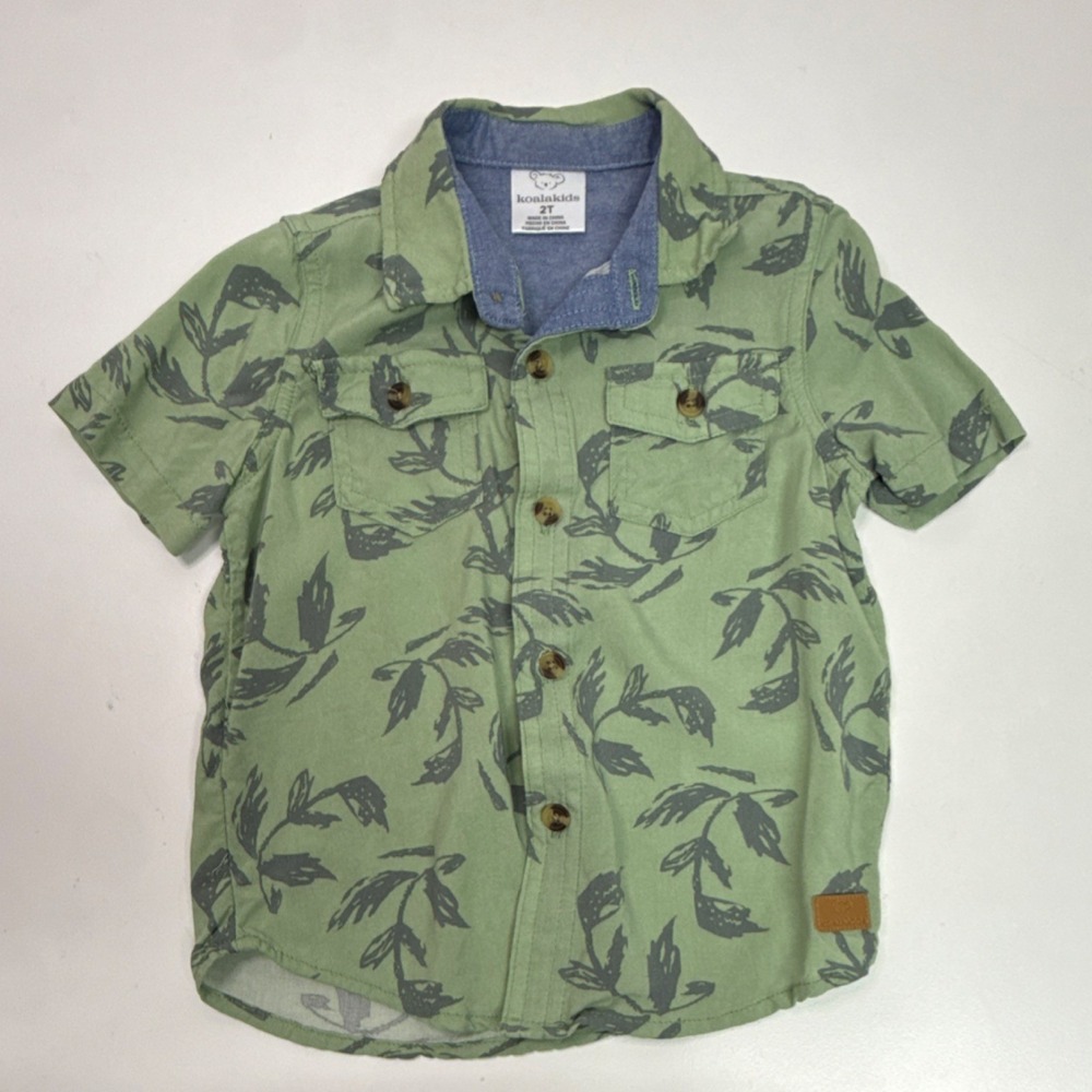 Koalakids Green Floral Button-Up Shirt 2T Collared Rayon Short Sleeve Pockets